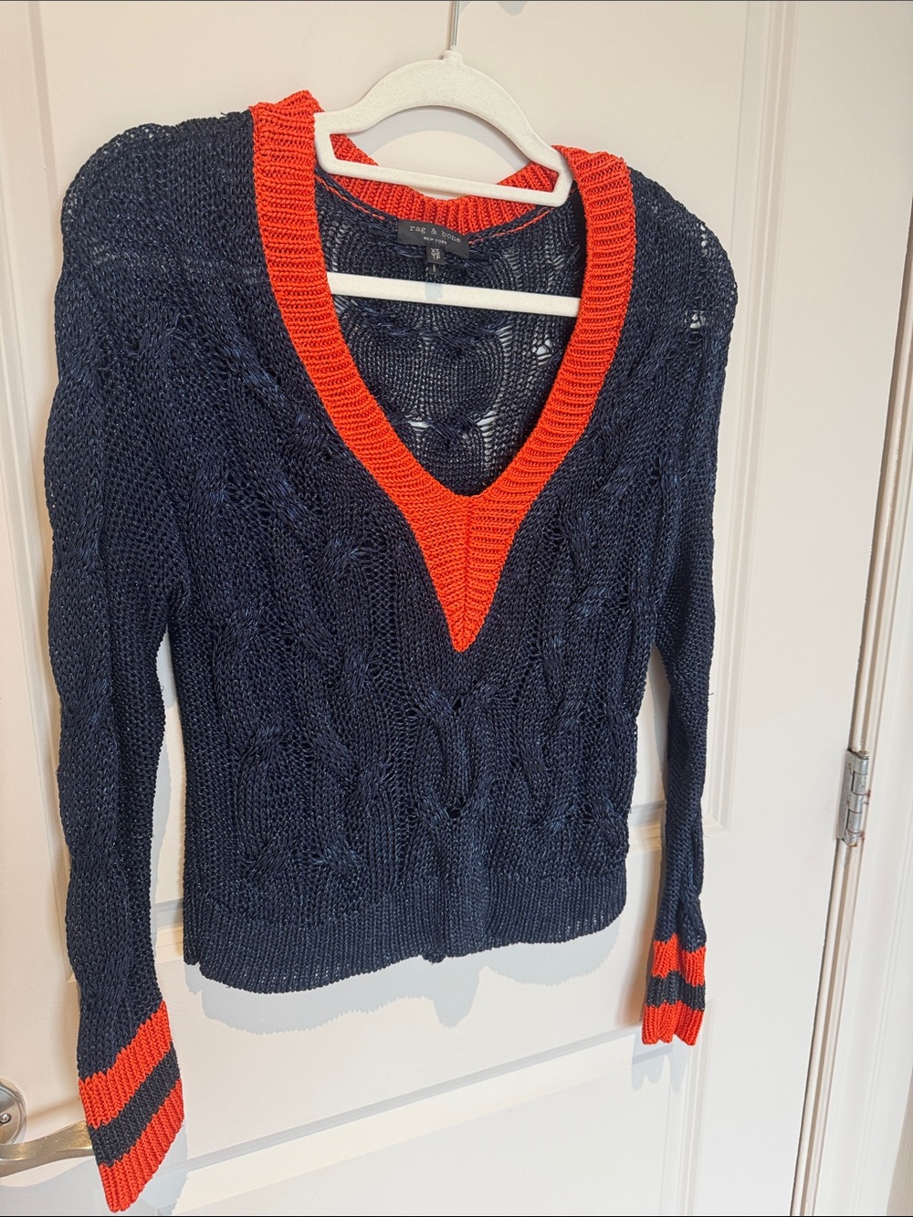 Rag & Bone Navy Cable Knit V-Neck Sweater with Red Trim